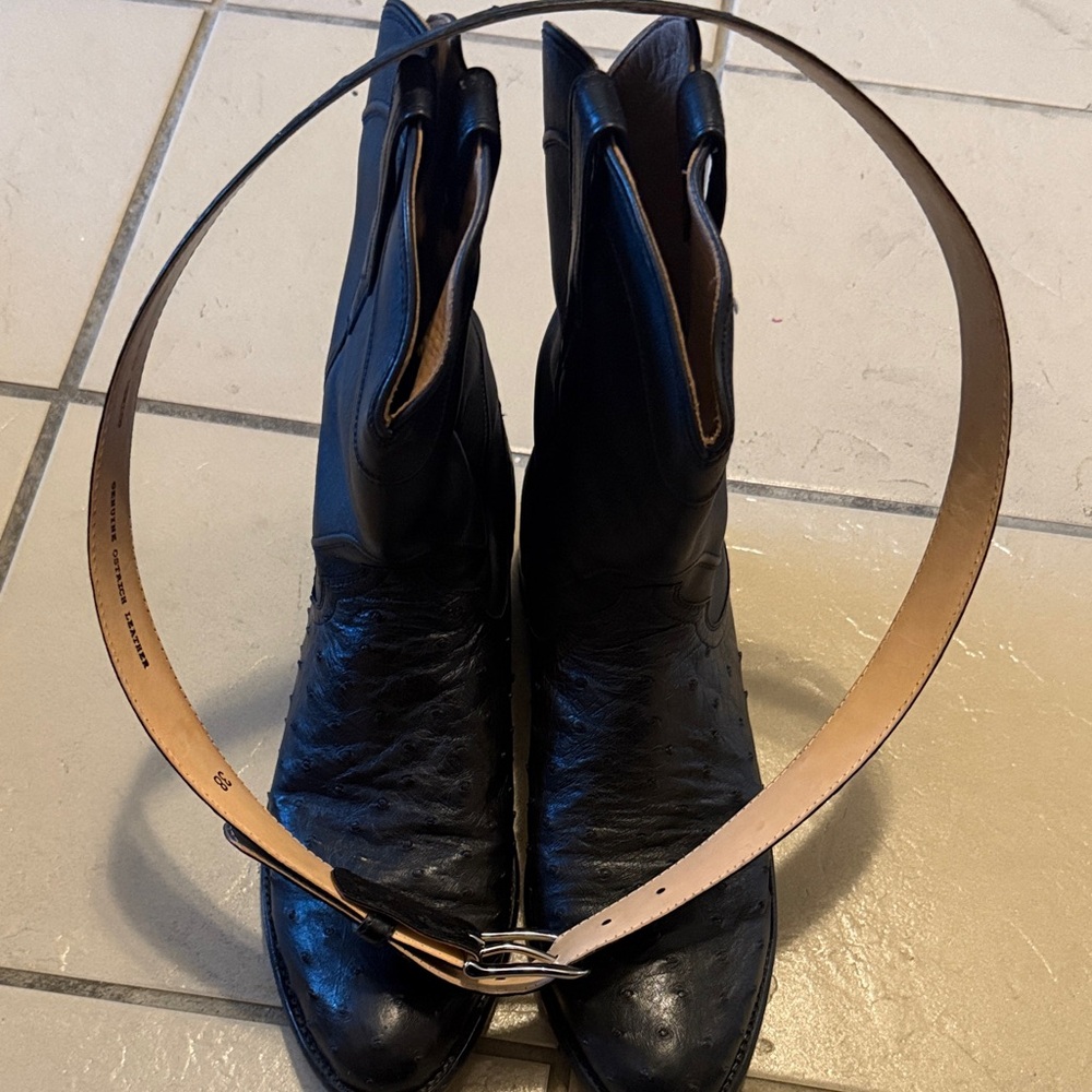Black Leather Western Boots Ostrich skin with matching belt